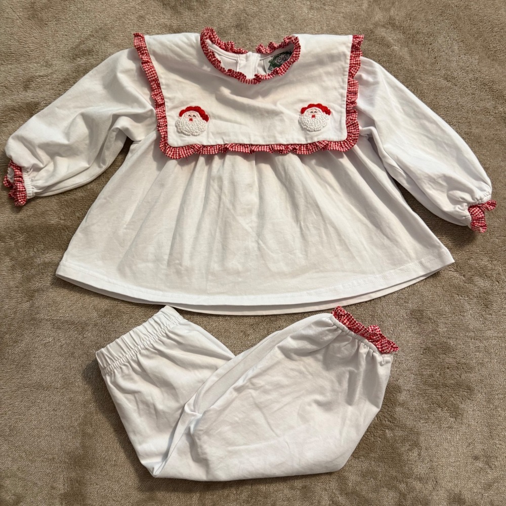 Cecil and Lou Kids Christmas Santa Gingham Ruffle Pajama Set White Red 18M
